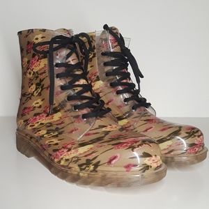 Rubber Clear Floral Lace Up Ankle Rainboots 11